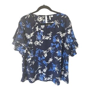 Elle Blouse Women XL Blue White Floral Ruffle Short Sleeve Colorful Flowy